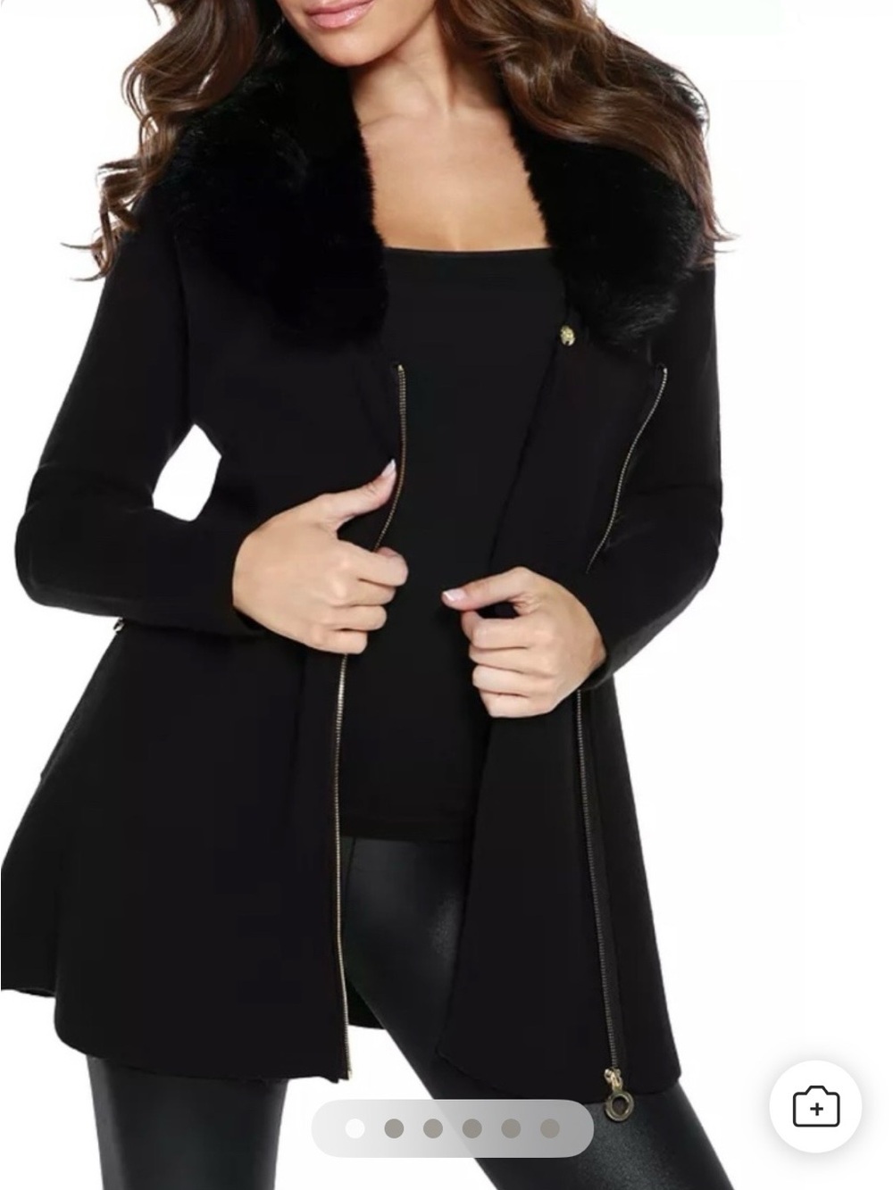 Belldini Black Wool-Blend Trench Coat with Faux Fur Hood Trim